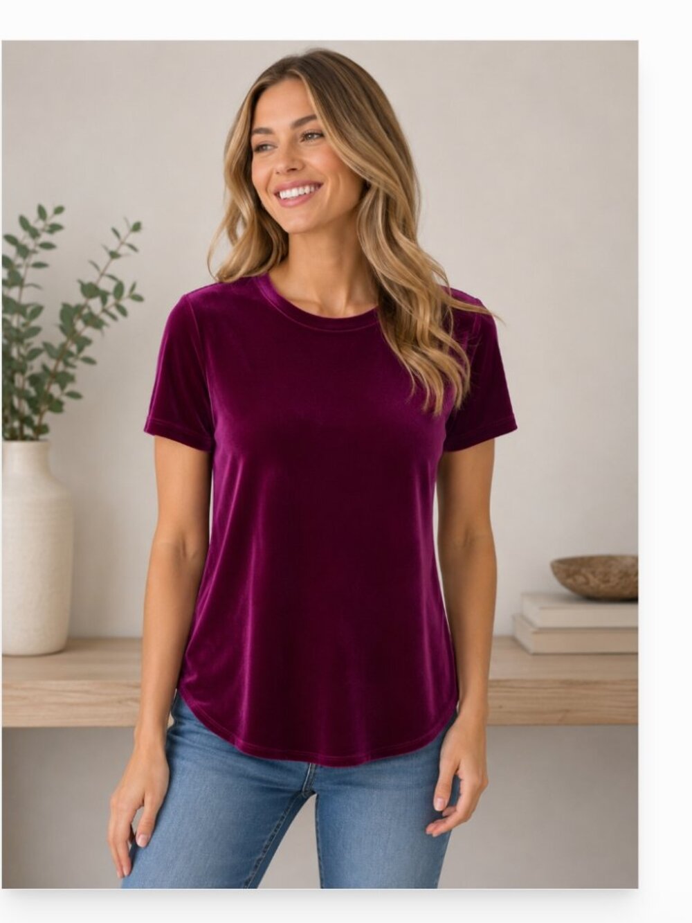 Chris & Carol fuschia velvet short sleeve stretch top size M